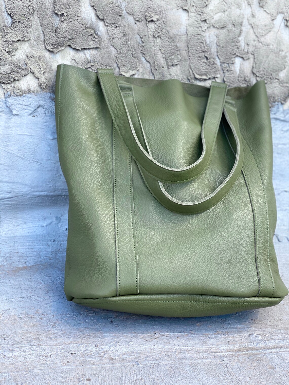 Large olive green leather tote bag Tall work and travel Etsy