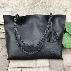 Black Leather Tote Bag: Handmade Pebble Leather Shopper with Braided Straps