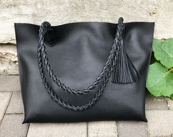 Black Leather Tote Bag: Handmade Pebble Leather Shopper with Braided Straps