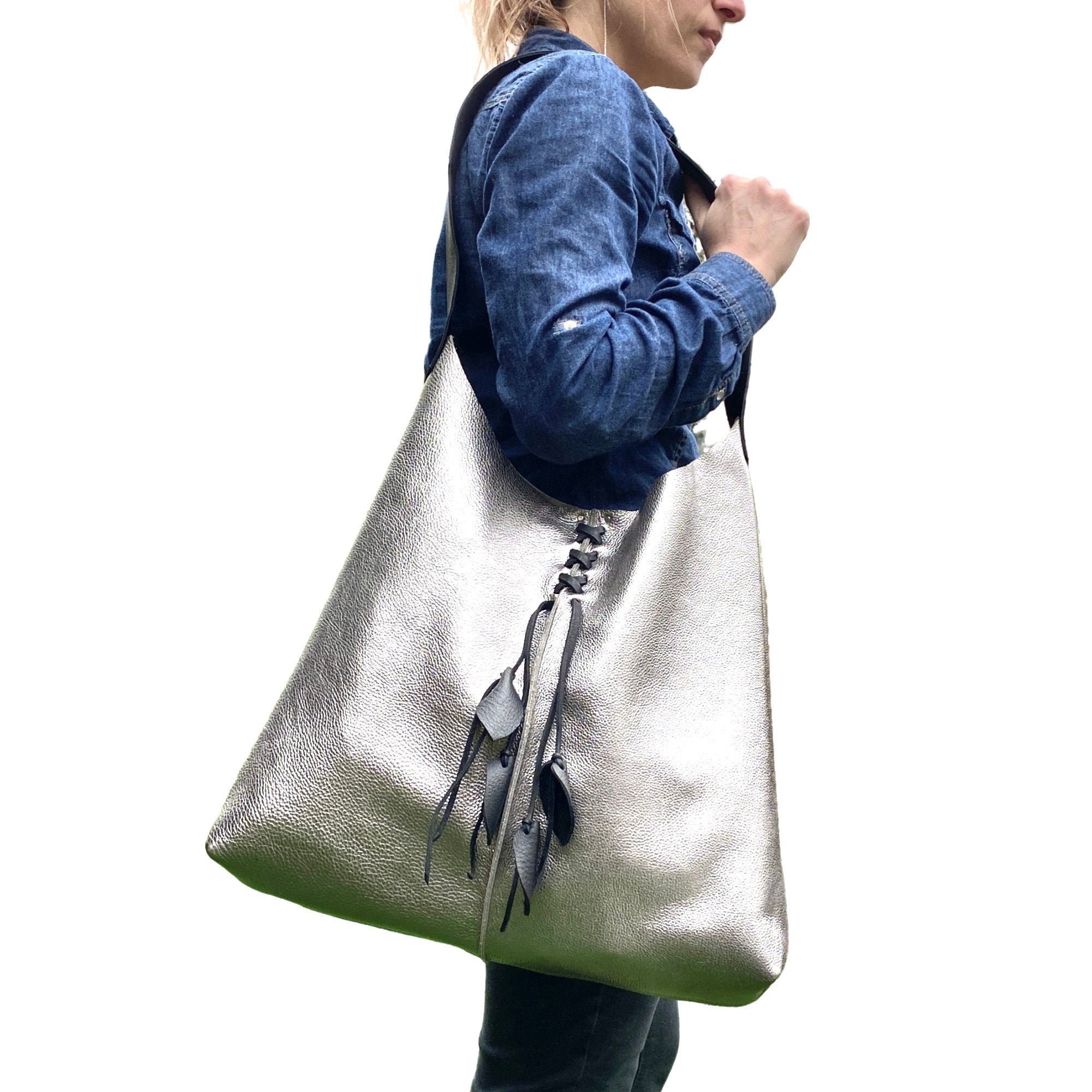 Silver Leather Bag, Metallic Leather Tote Bag, Leather Hobo