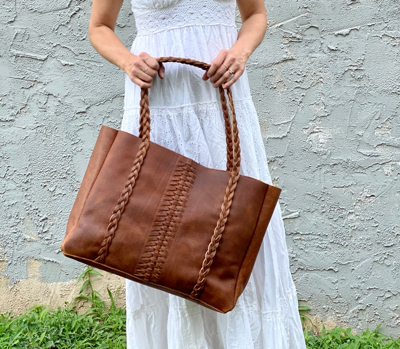 Vintage brown leather braided straps tote bag Sturdy oiled Etsy