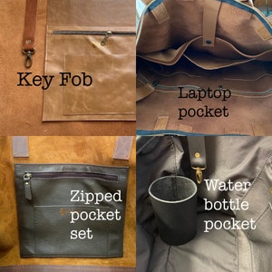 Op de afbeelding: Een close-up van een bruine leren tote bag met meerdere vakken. Kenmerken zijn een sleutelhanger, laptoptas, set met ritsvakken en een waterflesvak. De tas heeft een eenvoudig ontwerp met zichtbare stiksels en een gouden sluiting.