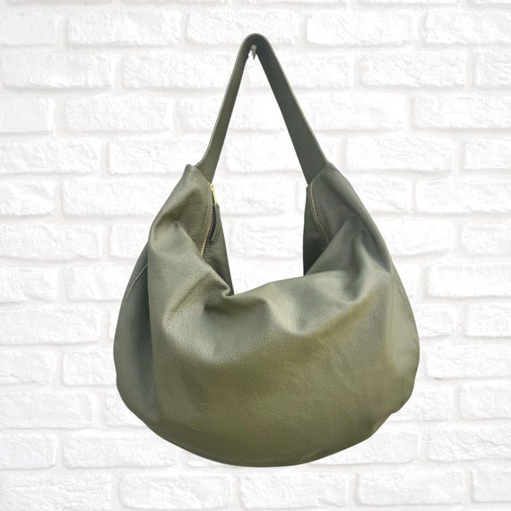 Olive Green Leather Hobo Bag: Slouchy Zippered Shoulder Bag - Etsy