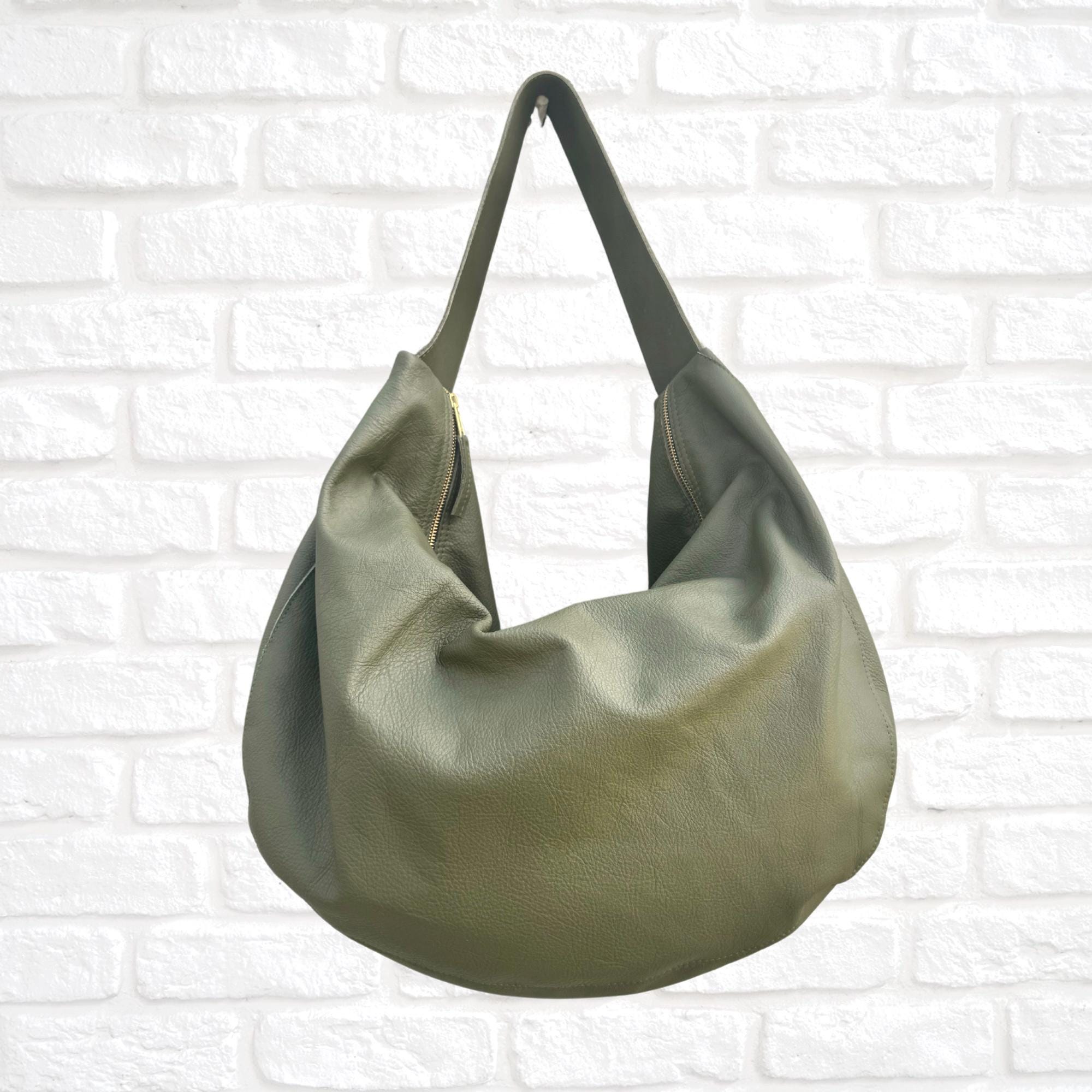 Olive Green Leather Hobo Bag: Slouchy Zippered Shoulder Bag