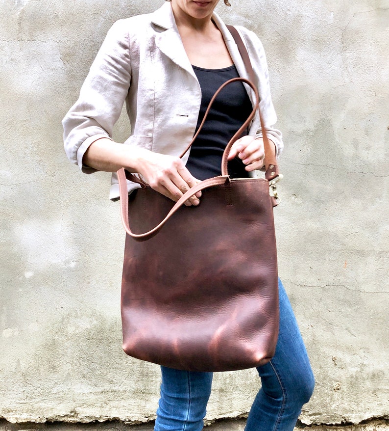 Tall Brown Leather Crossbody Tote Work Travel Leather Bag - Etsy