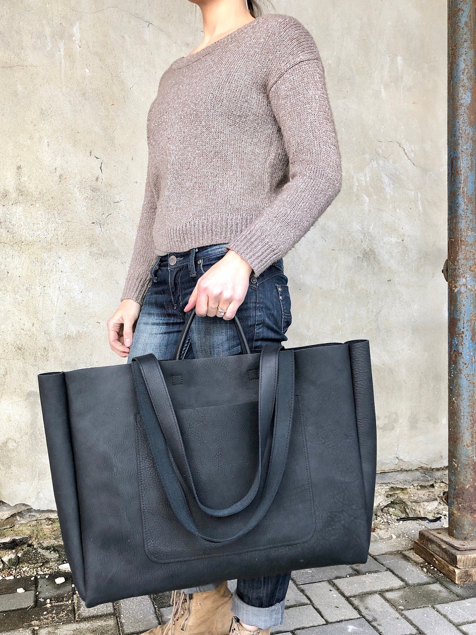 Extra Large Black Leather Tote Bag 19x 15x5 Oversized - Etsy