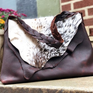 Bolso de piel marrón con borde sin rematar, Bolso de piel para trabajo y viajes, Bolso de piel con cremallera, Bolso de mano grande de piel, Bolso único