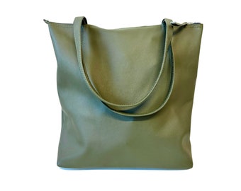 Tall olive leather tote 14”H x 11” W, Work and travel leather bag , Leather Computer bag with Brass Zipper, leather shopper handbag