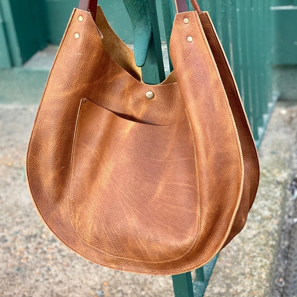 Handmade Leather Hobo Bag: Honey Brown Shoulder Bag with Front Pocket