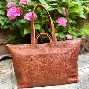 Bolso tote de cuero marrón extra grande Bolso para computadora de trabajo y viaje, Bolso de compras grande con opción de cremallera