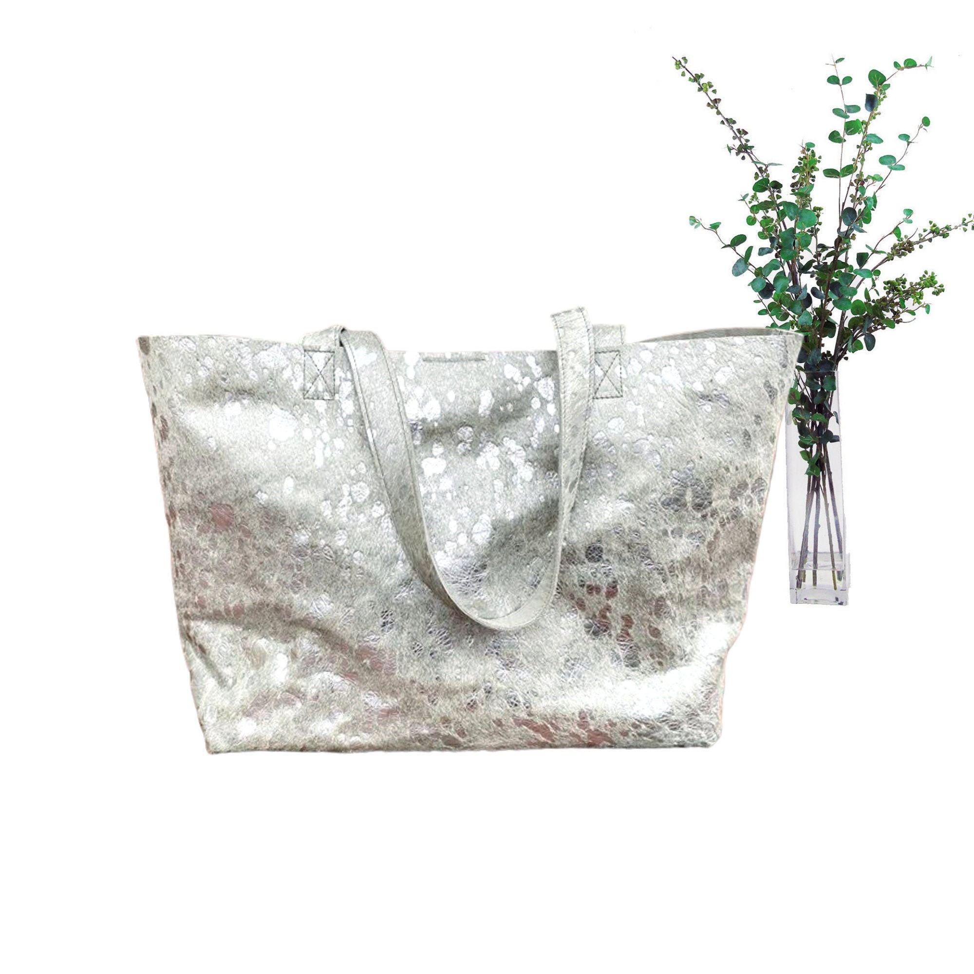Extra Large Silver Metallic Cowhide Leather Bag 23”x 13