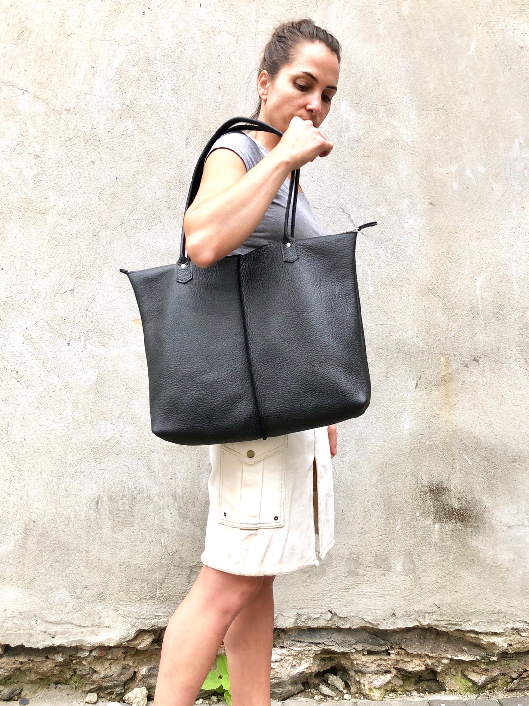 Leather Tote Bag / Leather Tote Zipper / Large Shopper Bag / - Etsy