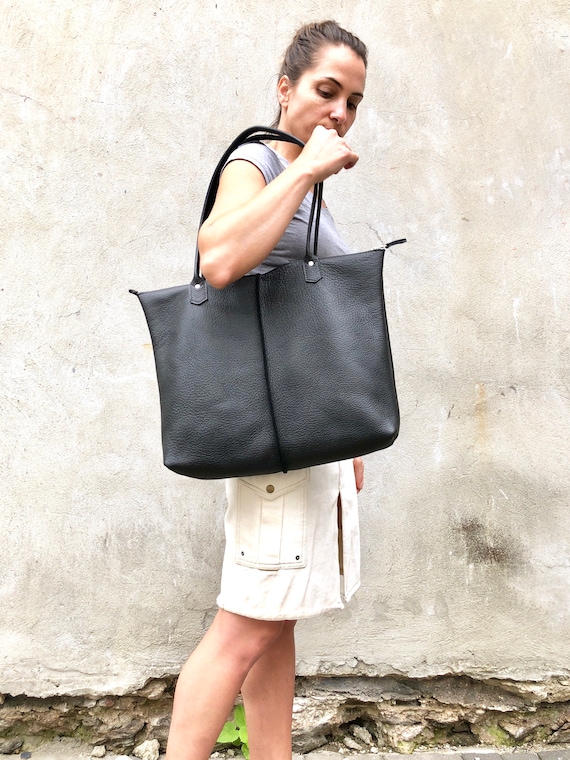 Leather Tote Bag Leather Tote Zipper Large Shopper Bag Computer Leather Bag Classic Leather Tote Black Leather Bag With Pockets Etsy
