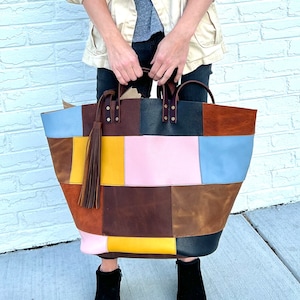 Oversized patchwork leather beach bag, Large work and travel computer bag, Large shopping bag, Leather Carryall with long and short handles