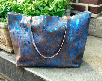 Extra large blue metallic cowhide leather bag 23”x 13”, Oversized work and travel computer bag, Large shopping bag Acid wash bag with zipper