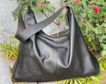 【韓国 TREEMINGBIRD】Zipper Finishing Leather Hobo Bag Hobo Bag for Women, Black Vegan Leather Tote Bag with Zipper