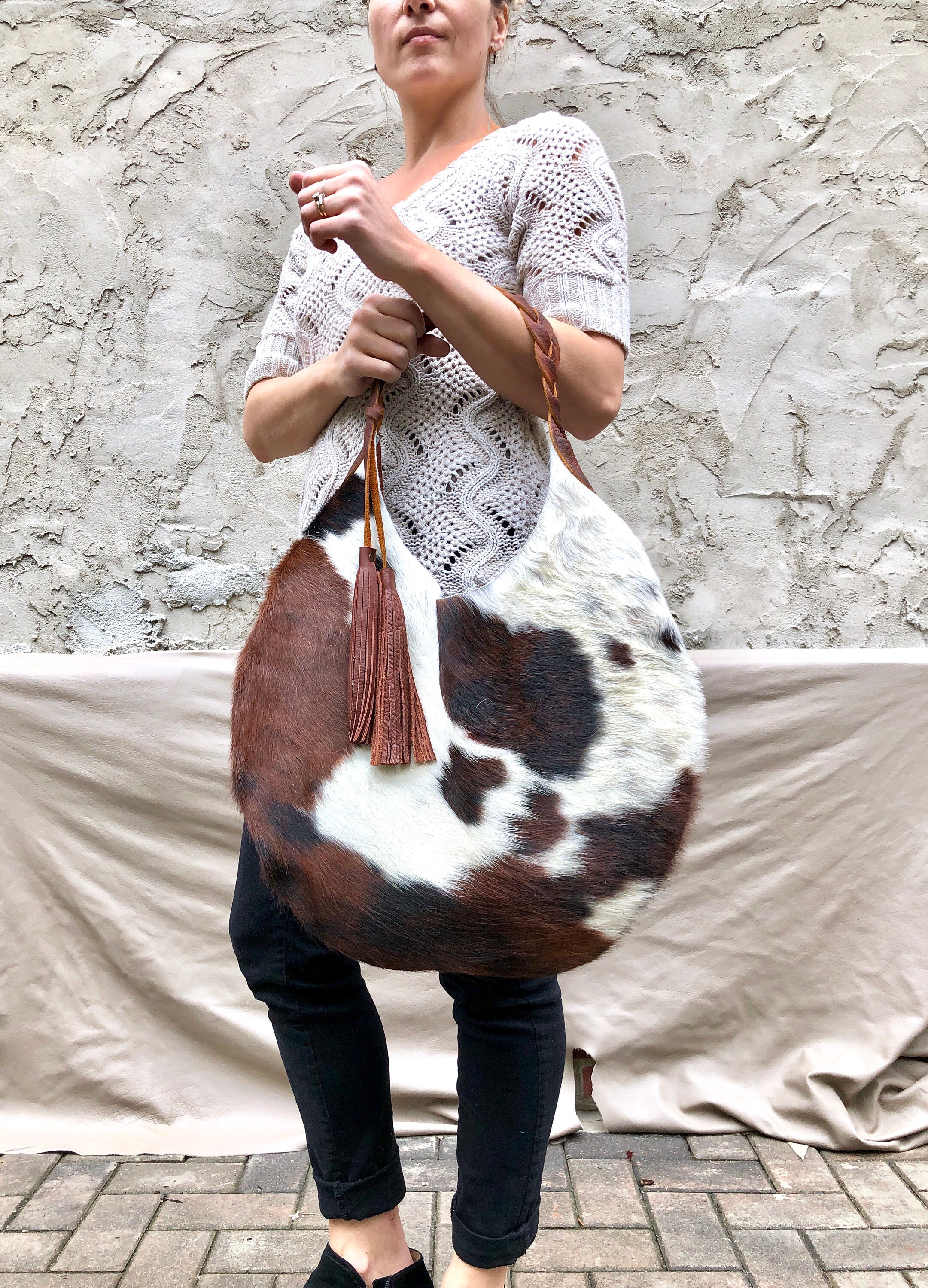 Cowhide Leather Round Hobo Bag, Unique Cow Hair Leather Bag