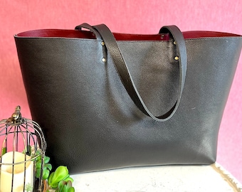 Black full grain leather tote with red leather interior with pockets, Overnight work and travel computer bag, Large shopping bag, laptop bag