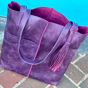 Purple Leather Tote with tassel,  Soft Work and travel leather bag , Leather Computer bag with Brass Zipper option leather shopper handbag