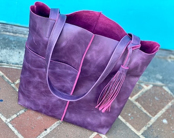 Purple Leather Tote with tassel,  Soft Work and travel leather bag , Leather Computer bag with Brass Zipper option leather shopper handbag