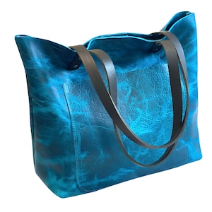 Turquoise bison leather tote with front pocket, medium size bag for work and school, laptop computer bag