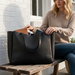 Extra Large Black Leather Tote Bag: Handmade Work & Travel Computer Bag bild 2