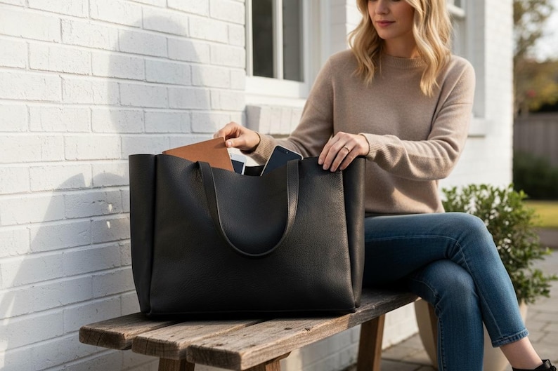 Extra Large Black Leather Tote Bag: Handmade Work & Travel Computer Bag bild 2