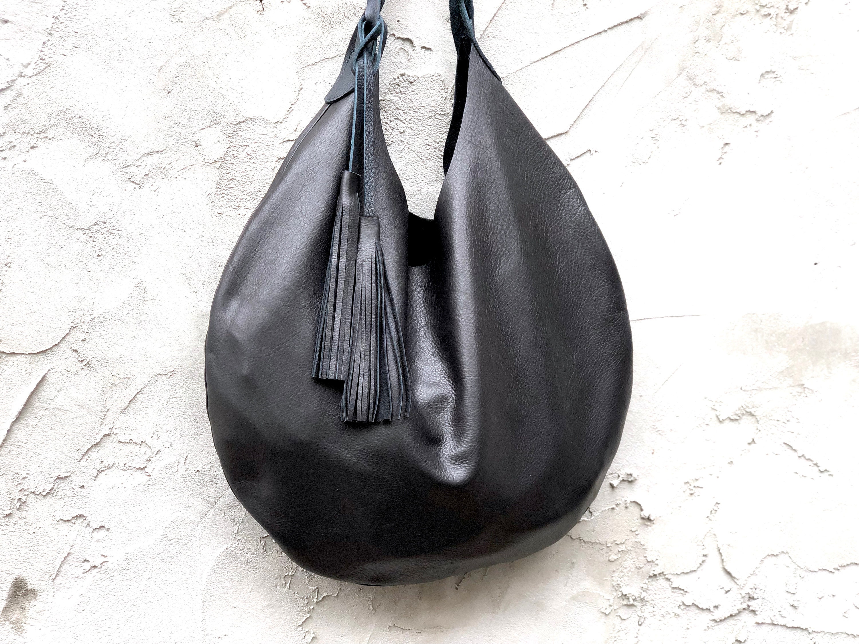 Black Leather Shoulder Bag, Round Hobo Bag, Overnight Bag