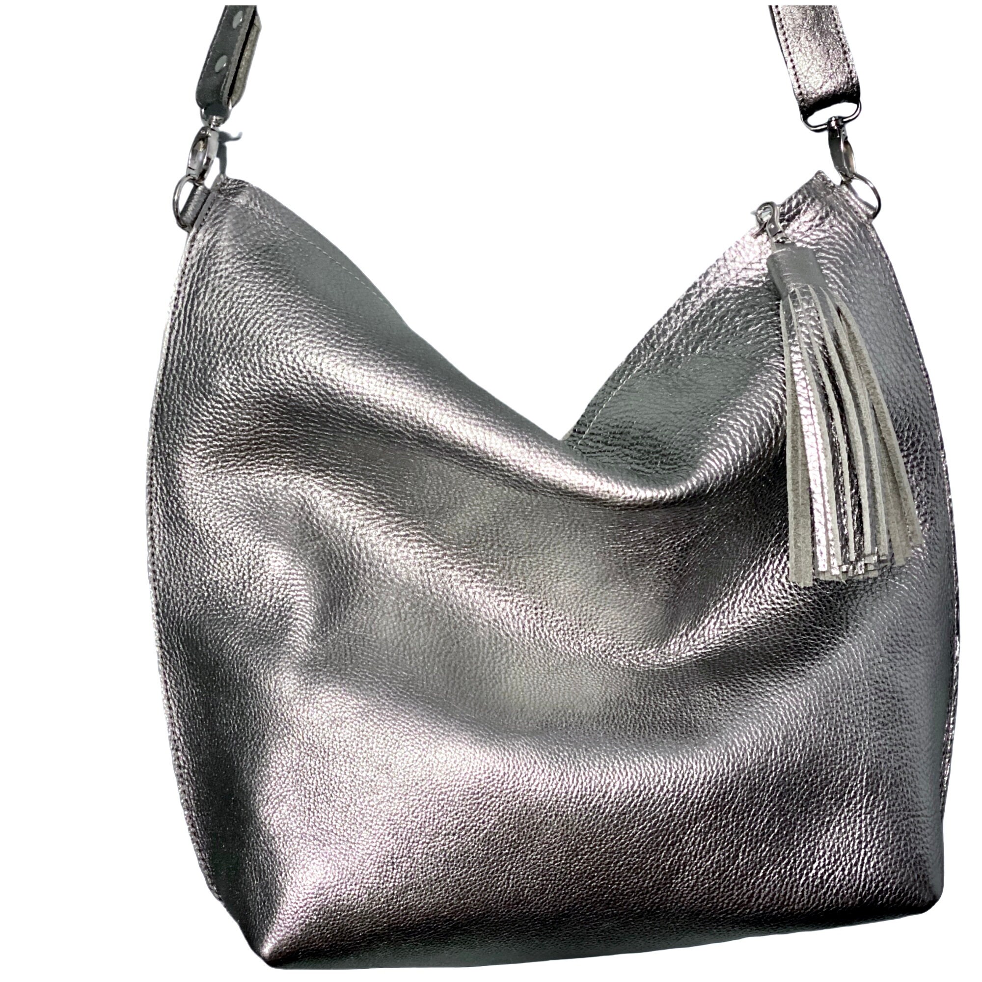 Silver leather tote Crossbody Leather bag Medium work and Etsy