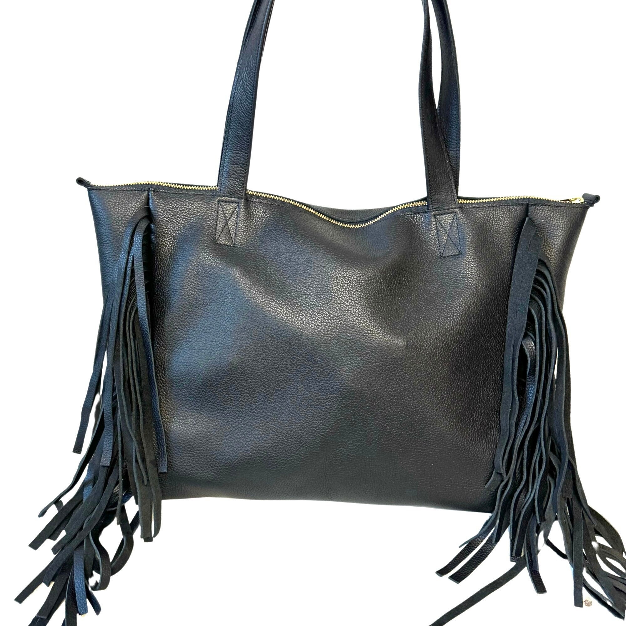 Black fringe leather bag Oversized work and travel computer bag, Large shopping bag, Gift for women, Laptop bag, Overnight leather tote