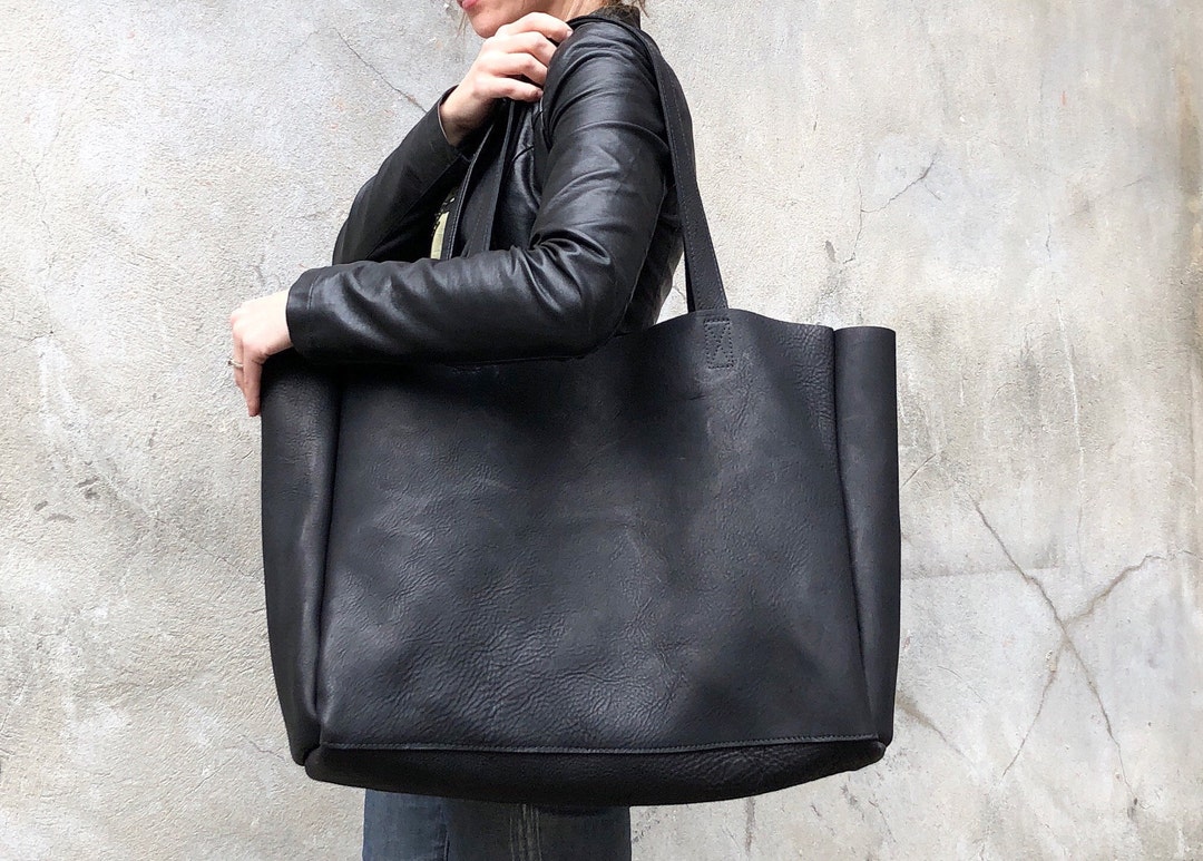 Extra Large Black Leather Tote Bag Oversized Work and Travel 