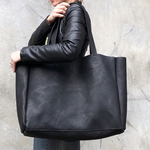 Black Leather Tote Bag Oversized Work and Travel Computer - Etsy