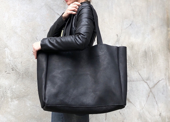 Extra large black leather tote bag , Oversized work and travel computer  bag, Large shopping bag, 24” x 15” Handmade in USA