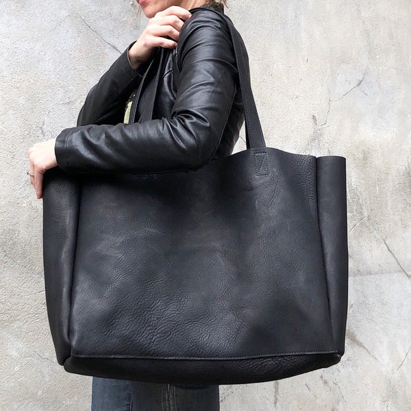 Très grand sac fourre-tout en cuir noir, sac surdimensionné pour ordinateur de travail et de voyage, grand sac à provisions, 61 x 40 cm fait main aux États-Unis