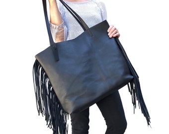 Bolso grande de piel negra con flecos: bolso de viaje holgado para fin de  semana