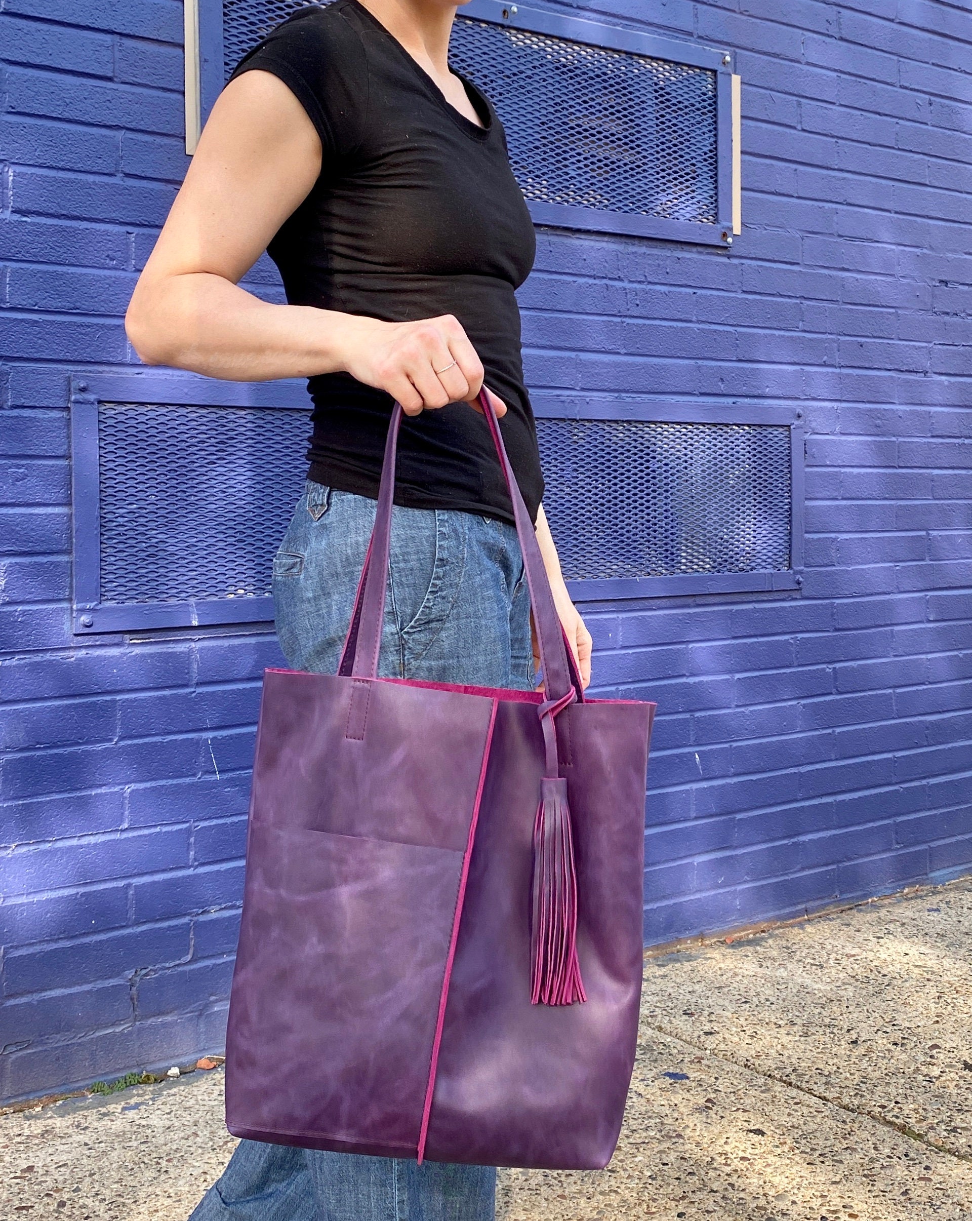 Purple Leather Tote With Tassel Soft Work and Travel Leather Bag