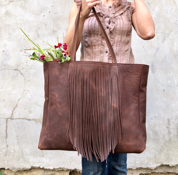 Extra Large Leather Bag With Fringe, Oversized Work and Travel Leather Bag,  Overnight Carryall Leather Tote, Large Leather Shopper 