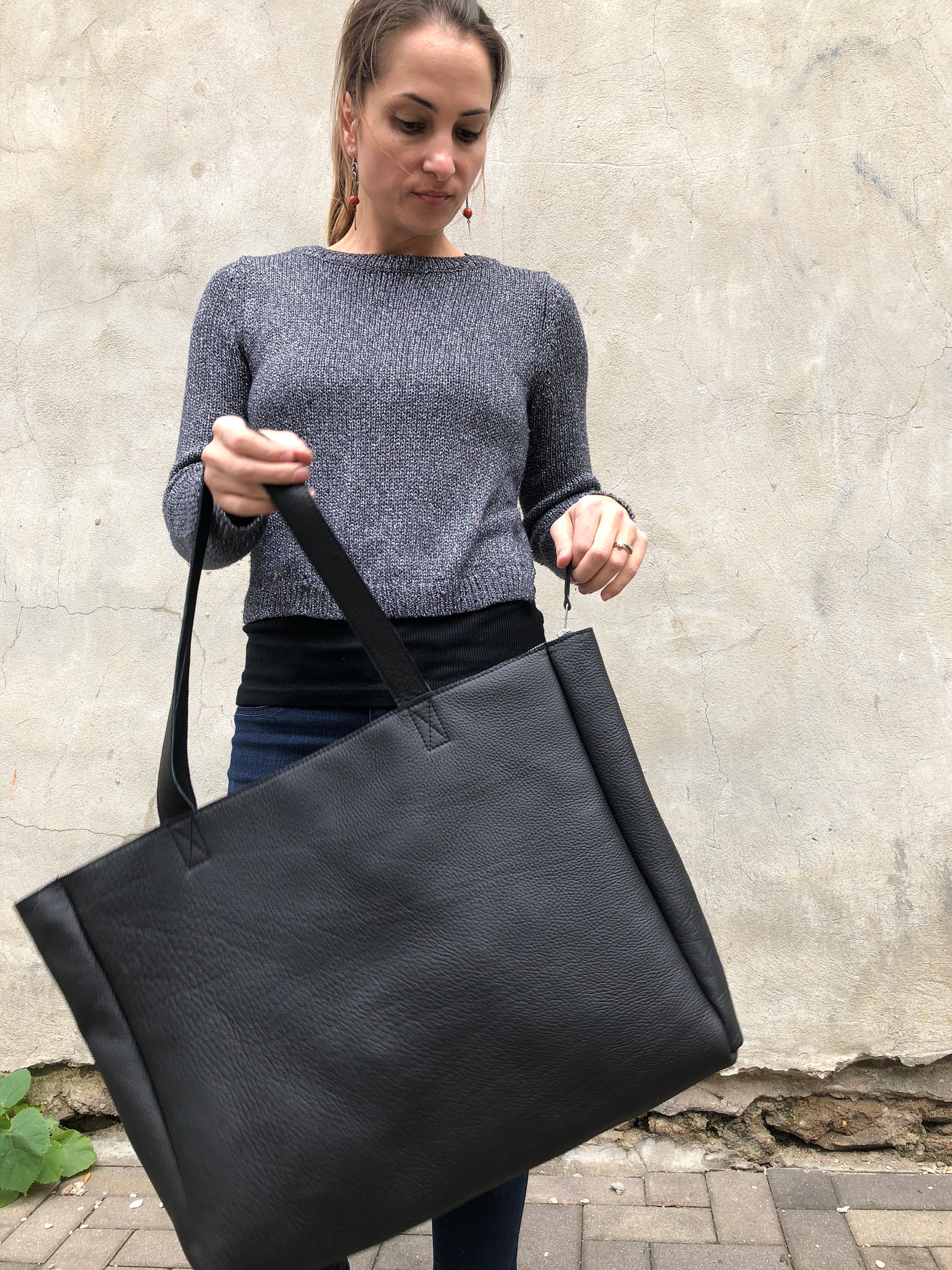 Extra Large Black Leather Tote Bag , Oversized Work and Travel Computer
