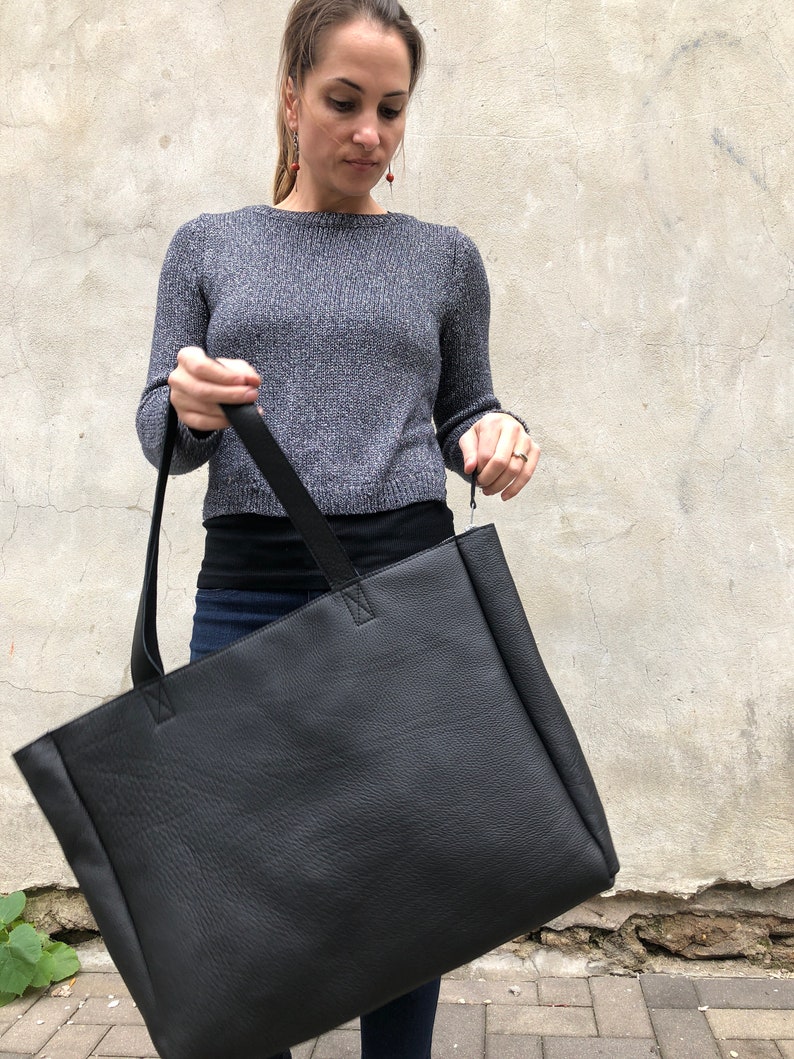 Extra large black leather tote bag 24x 15 Oversized work Etsy