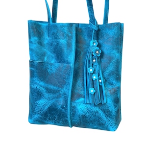 Bolso de mano de piel de bisonte turquesa con opción de borlas, bolso de mano de piel resistente para trabajar y viajar, bolso de mano de piel azul vibrante con opción de cremallera
