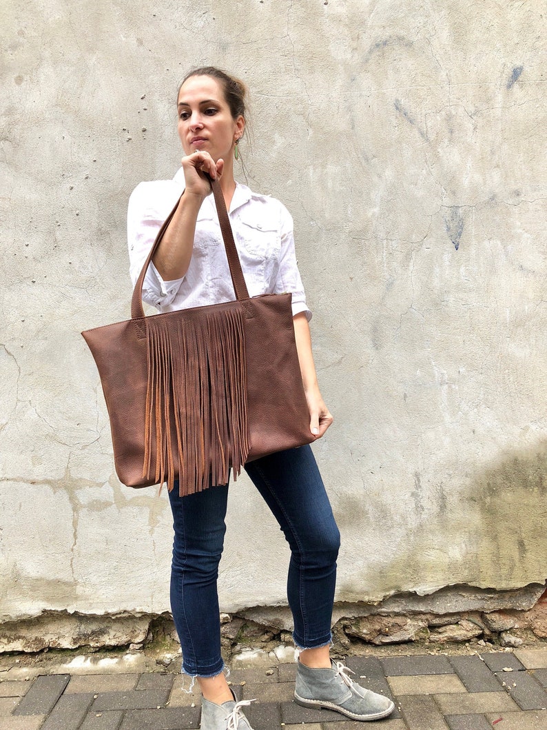 Leather tote with fringe, Sturdy Shopper Travel bag Leather office bag, school tote zipper, Large laptop computer leather tote image 1