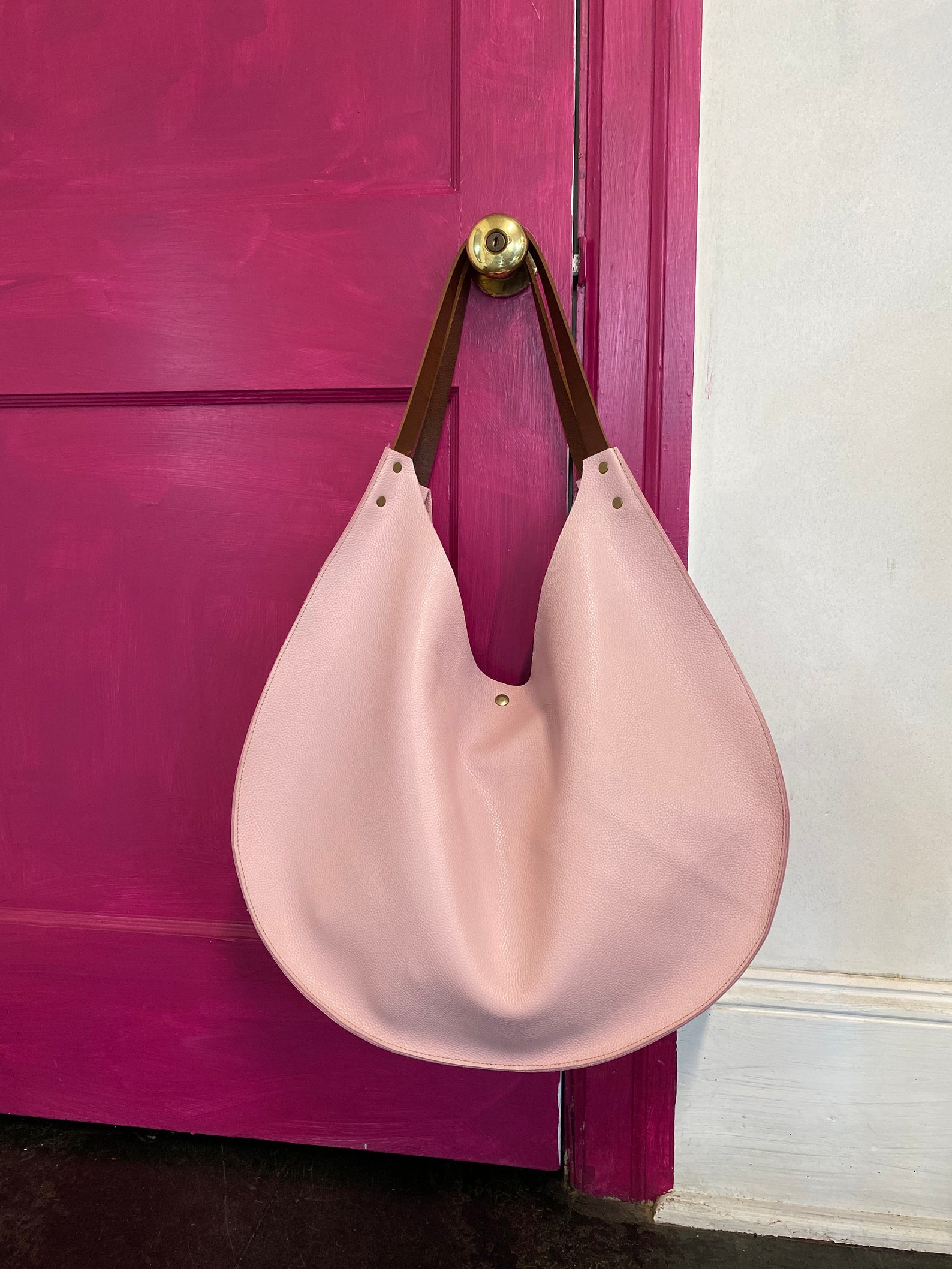 Large blush pink hobo leather bag 19W x 13H work and Etsy