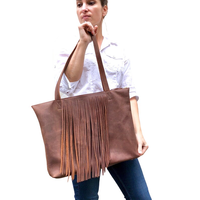 Leather tote with fringe, Sturdy Shopper Travel bag Leather office bag, school tote zipper, Large laptop computer leather tote image 2