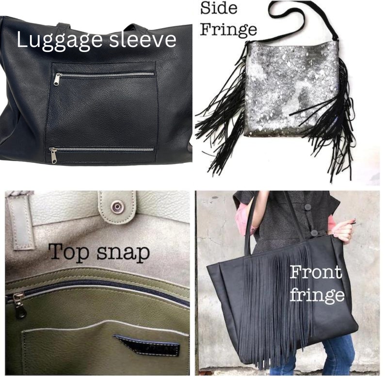 Op de afbeelding: Een verzameling zwarte leren draagtassen en een zilveren schoudertas met pailletten en franjes. E&eacute;n draagtas heeft een bagagehoes en ritszakken. Een andere heeft een franjedesign aan de voorkant. De binnenkant van een draagtas wordt getoond met een drukknoopsluiting.