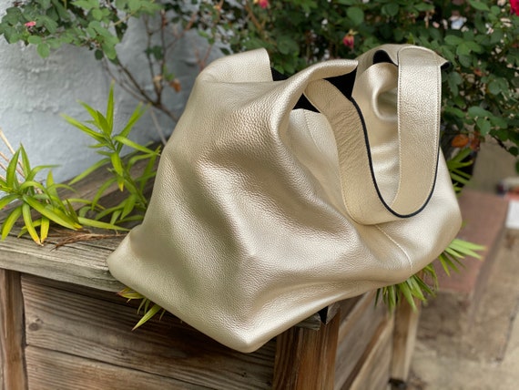 Huge Metallic Hobo Bag, Oversized Leather Shoulder Bag, Bright Everyday Leather Bag, Work and School Leather Handbag, Beach and Travel Bag