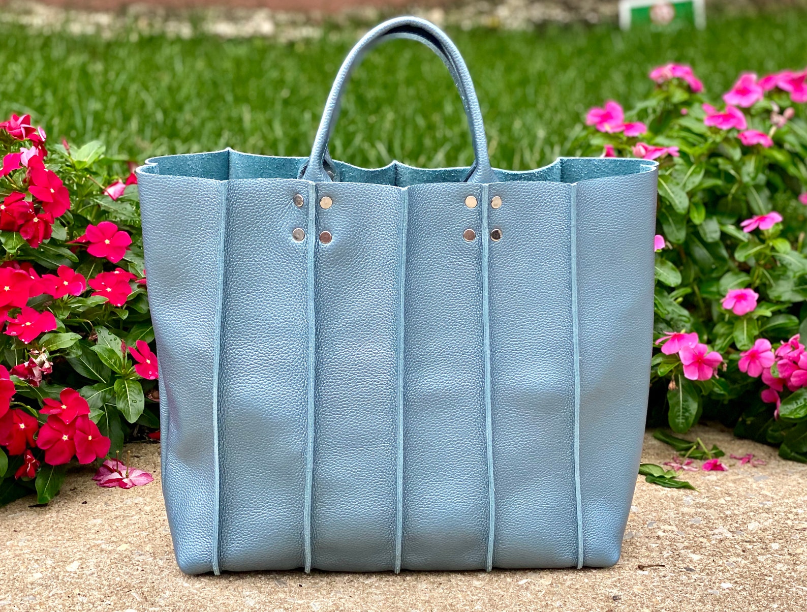 Metallic Blue Leather Bag Medium Size Work and Travel Leather Etsy