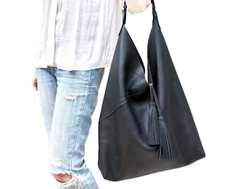 Leather hobo bag, Overnight bag, Slouchy large shoulder bag for work and travel, Large Leather Shopper