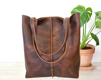 Tall Brown Leather Tote, Middle stitch detail,  Work and travel leather bag, Computer bag with Zipper, Laptop bag, leather shopper tote bag