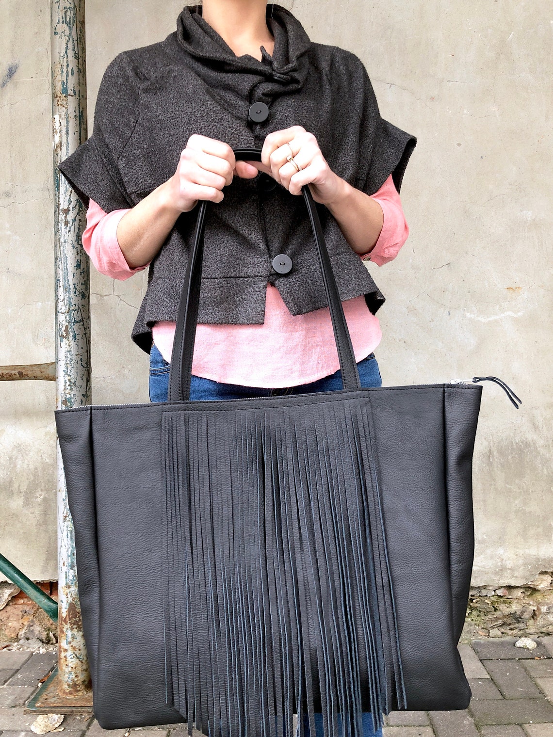 Extra Large Black Leather Bag With Fringe Oversized Work and Etsy
