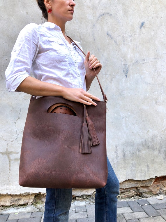 Large Leather tote bag Travel tote Large Shopper bag Crossbody leather bag Leather tote zipper Brown Leather bag Unique Bag with pockets Etsy
